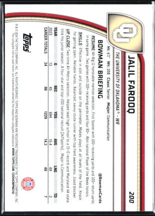 2024 Bowman University Chrome - #200 Jalil Farooq (RC) Black & White Stealth /48