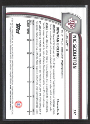 2024 Bowman University Chrome Nic Scourton 1st Aqua Refractor /299 #137