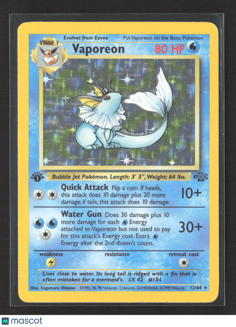 Pokemon 1999 Jungle Vaporeon 1st Edition #12/64