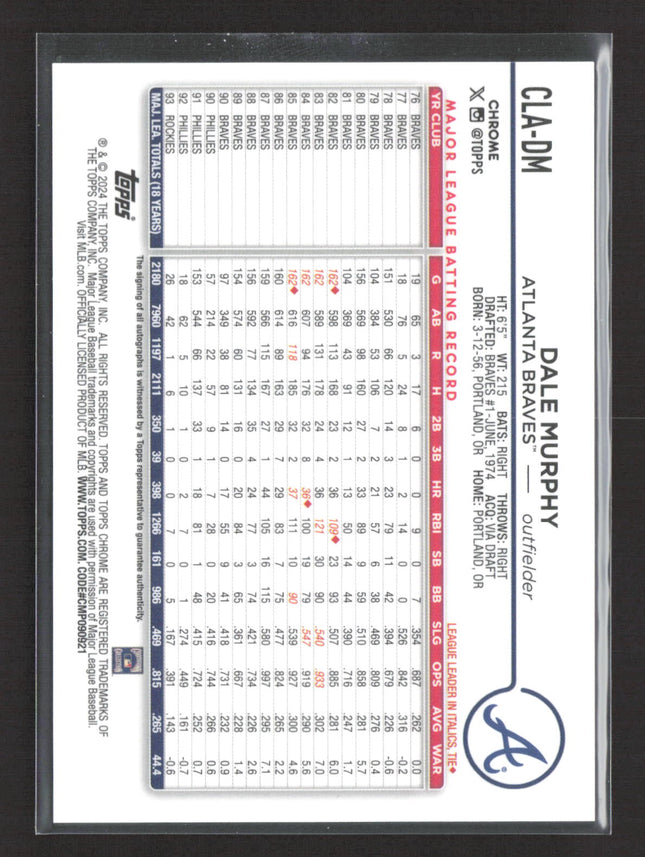 2024 Topps Chrome Dale Murphy #CLA-DM Auto Legends Refractor /50