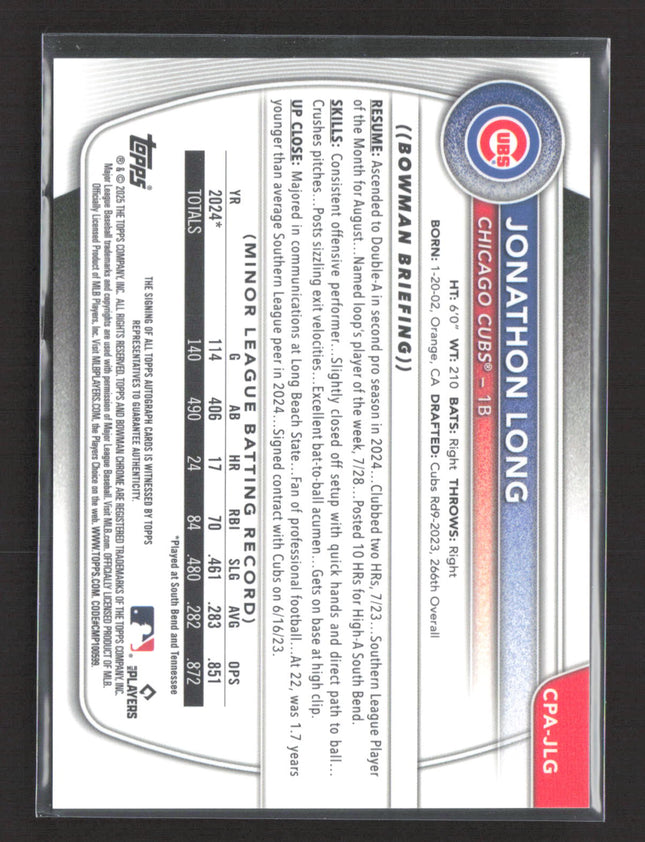 2024 Bowman Chrome Jonathon Long #CPA-JLG Speckle Refractor Auto /299 1st Bowman