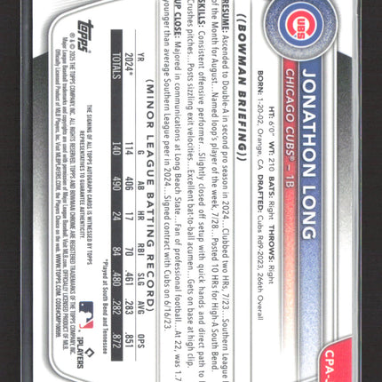 2025 Topps 1st Bowman Chrome Jonathon Long #CPA-JLG Orange Reptillian Auto /25