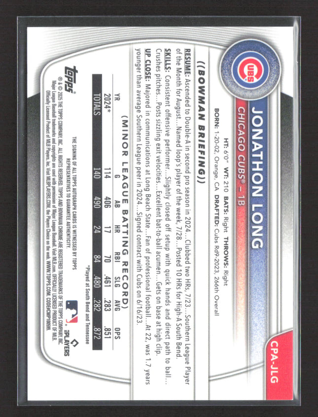 2025 Topps 1st Bowman Chrome Jonathon Long #CPA-JLG Orange Reptillian Auto /25