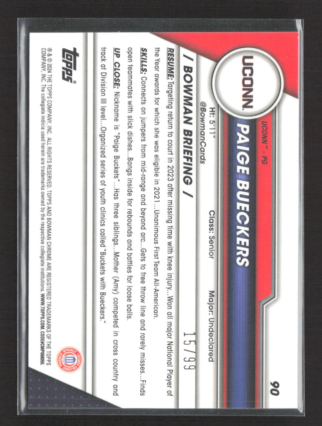 2024 Bowman Chrome University Paige Bueckers #90 Green RayWave 15/99 1st Bowman