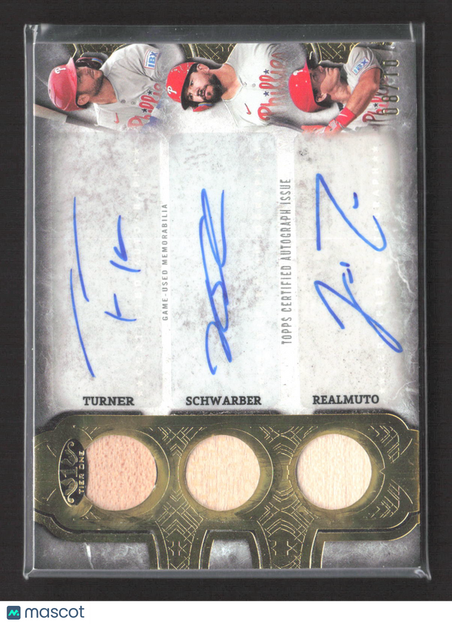 2025 Topps Tier One Kyle Schwarber JT Realmuto Trea Turner Triple Auto Relic /10