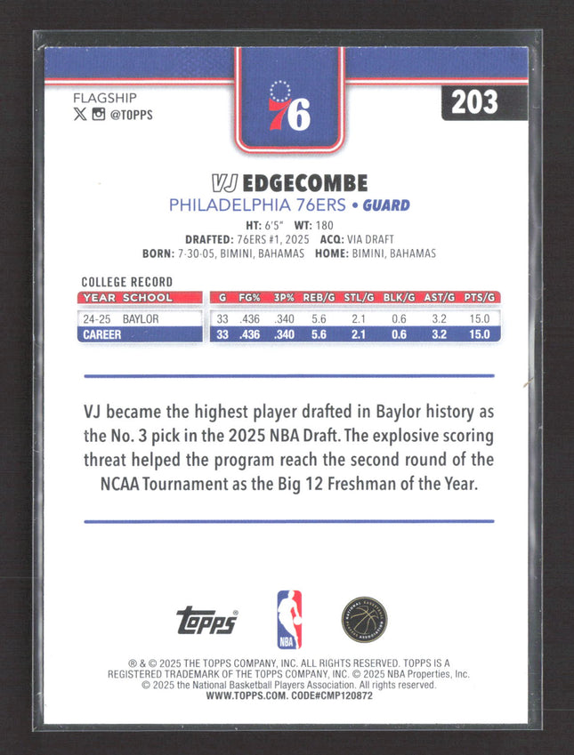 2025 Topps Flagship VJ Edgecombe #203 Gold RC /2025