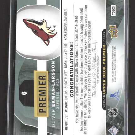 2015 Upper Deck Premier Oliver Ekman-Larsson #6 08/25 Game-Used Patch