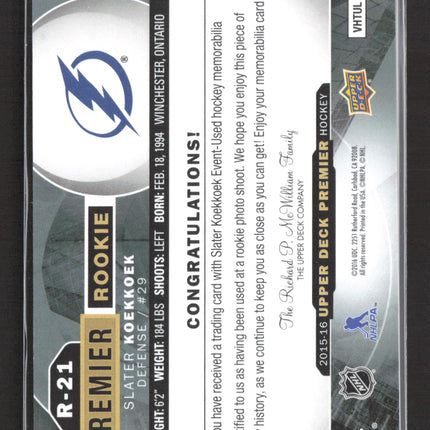 2016 Upper Deck Premier Slater Koekkoek #R-21 Memorabilia Jersey