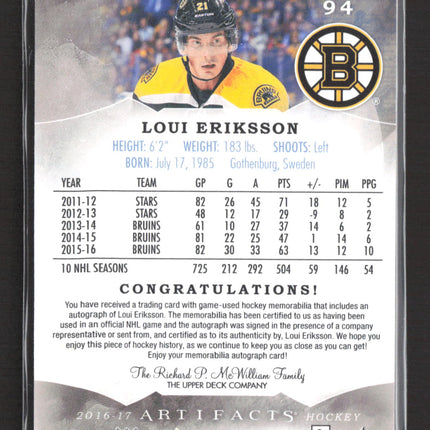 2016 Upper Deck Artifacts Loui Eriksson #94 07/25 Jersey Auto