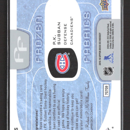 2015 Upper Deck Ice Frozen Fabrics P.K. Subban #FF-PS Jersey