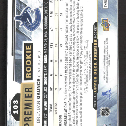2015 Upper Deck Premier Brendan Gaunce #103 Auto Patch 270/375