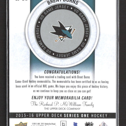 2015 Upper Deck Series One Hockey UD Game Jersey Brent Burns #GJ-BB UD Jersey