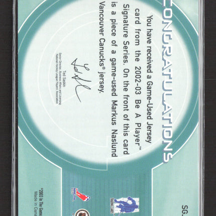 2002 Be A Player Signature Series Markus Naslund #SGJ-33 Game-Used Jersey