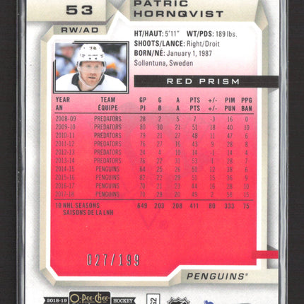 2018 O-Pee-Chee Platinum Patric Hornqvist #53 Red Prism /199