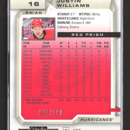 2019 2018 O-Pee-Chee Platinum Justin Williams #16 Red Prism /199