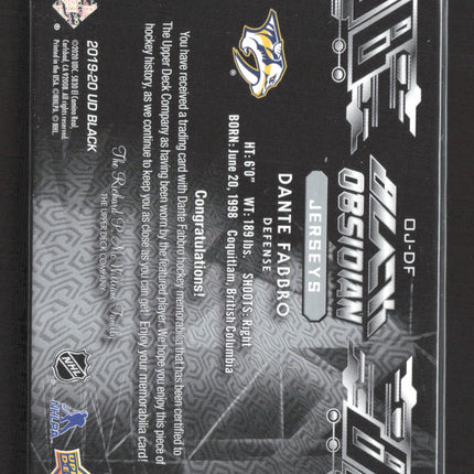 2020 Upper Deck Black Obsidian Dante Fabbro #OJ-DF Jersey