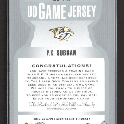 2019 Upper Deck Series 1 UD Game Jersey P.K. Subban #GJ-PK Game-Used Jersey