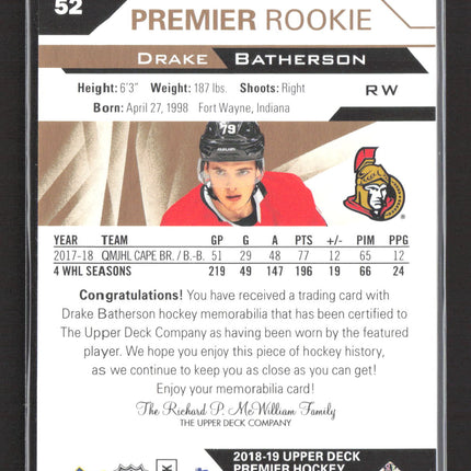 2019 Upper Deck Premier Hockey Drake Batherson #52 Memorabilia Jersey
