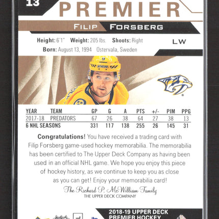2019 Upper Deck Premier Filip Forsberg #13 Memorabilia Jersey