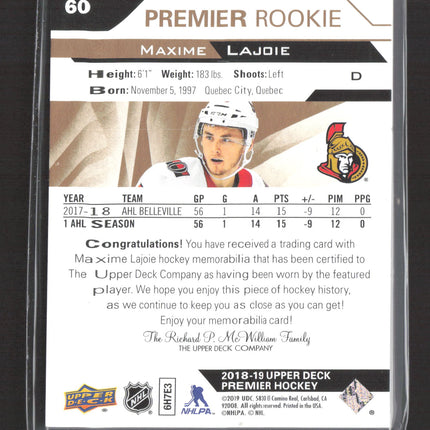 2018 Upper Deck Premier Hockey Maxime Lajoie #60 Fight Strap 10/15 Memorabilia