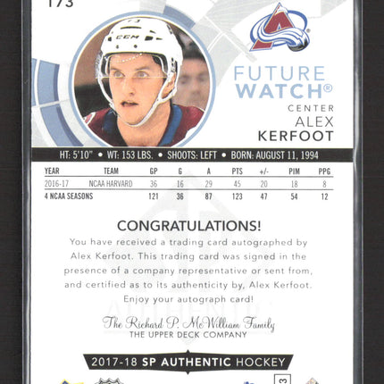 2018 Upper Deck SP Authentic Future Watch Alex Kerfoot #173 300/999 Auto