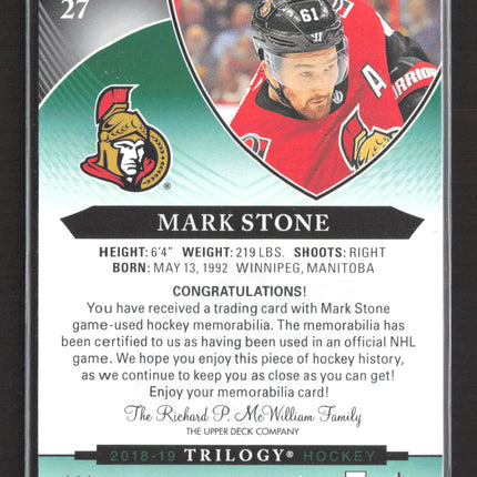 2019 Upper Deck Trilogy Mark Stone #27 031/613 Memorabilia Jersey