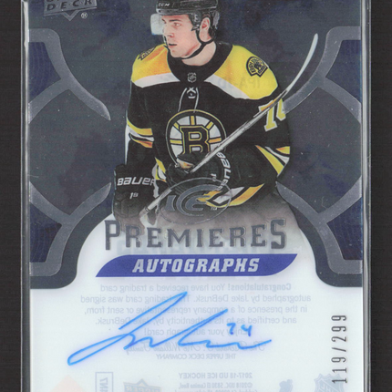 2018 Upper Deck Ice Premieres Autographs Jake DeBrusk #IPA-JD 119/299 Auto