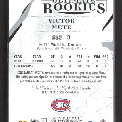 2018 Upper Deck Ultimate Collection Rookies Victor Mete #82 029/299 Auto