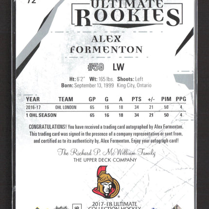 2018 Upper Deck Ultimate Rookies Alex Formenton #72 /399 Auto