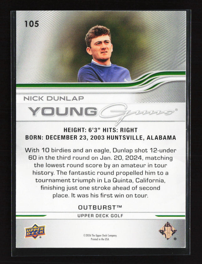 2026 Upper Deck Golf Young Guns Outburst Nick Dunlap #105 Silver Young Guns