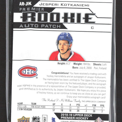 2019 Upper Deck Premier Jesperi Kotkaniemi #AR-JK 05/99 Auto Patch