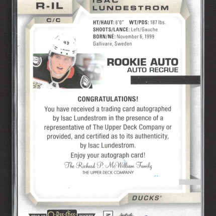 2019 O-Pee-Chee Platinum Isac Lundestrom #R-IL Auto