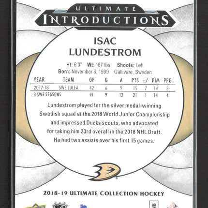 2019 Upper Deck Ultimate Collection Ultimate Introductions Isac Lundestrom #UI-7