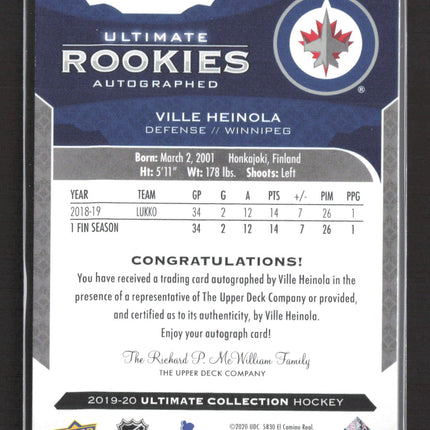 2020 Upper Deck Ultimate Collection Ultimate Rookies Ville Heinola #171 Auto