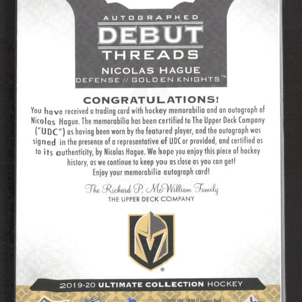 2020 Upper Deck Ultimate Debut Threads Nicolas Hague #DT-NH Patch Auto /99