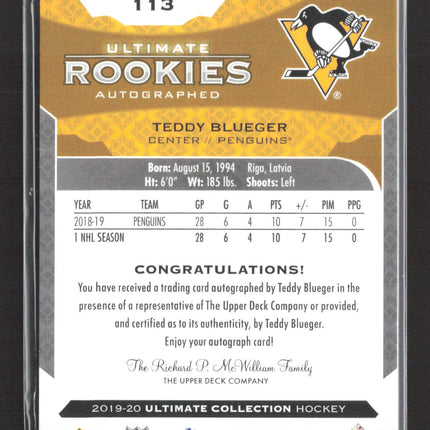 2020 Upper Deck Ultimate Rookies Auto Teddy Blueger #113 /299