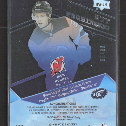 2019 Upper Deck Ice Ice Premieres Jack Hughes #IPA-JH Auto /99 Rc