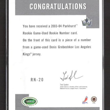 2004 Parkhurst Rookie Number Denis Grebeshkov #RN-20 Jersey 1/1