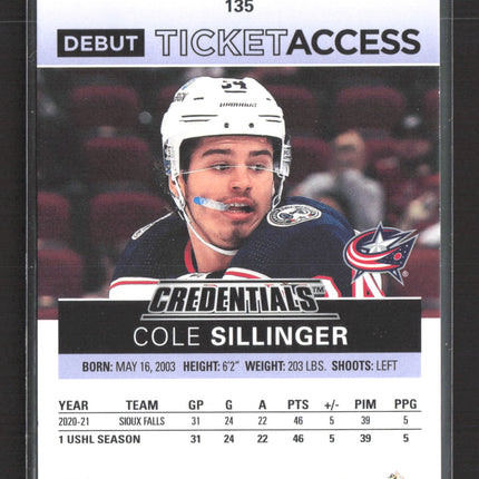 2022 Upper Deck Credentials Debut Ticket Access Cole Sillinger #135 Holo 08/10
