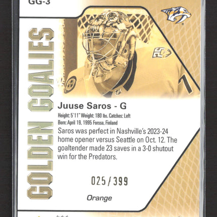 2024 Upper Deck Allure Golden Goalies Juuse Saros #GG-3 Orange 025 / 399