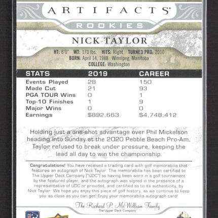 2021 Upper Deck Artifacts Golf Rookies Nick Taylor #AR-NT Auto Swatch /149