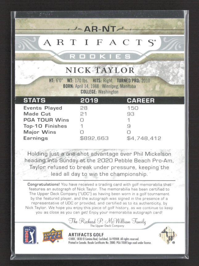 2021 Upper Deck Artifacts Golf Rookies Nick Taylor #AR-NT Auto Swatch /149