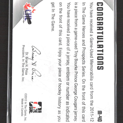 2012 In The Game Heroes and Prospects Troy Bourke #M-40 Game-Used Jersey 1/1