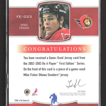 2002 In The Game Be A Player First Edition Mike Fisher #FE-023 Jersey 1/1