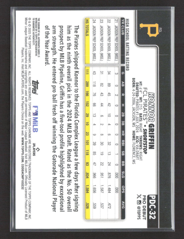 2025 Topps Chrome Pro Debut Konnor Griffin #PDC-32 Orange 20/25 Auto