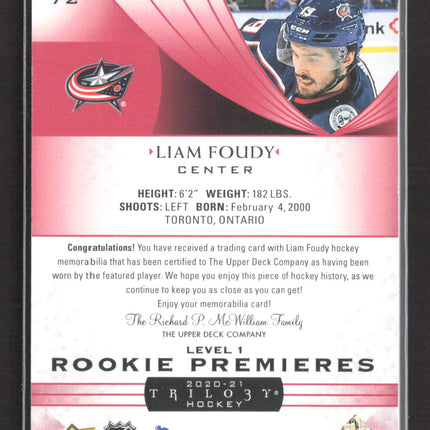 2020 Upper Deck Trilogy Rookie Premieres Liam Foudy #72 109/499 Jersey