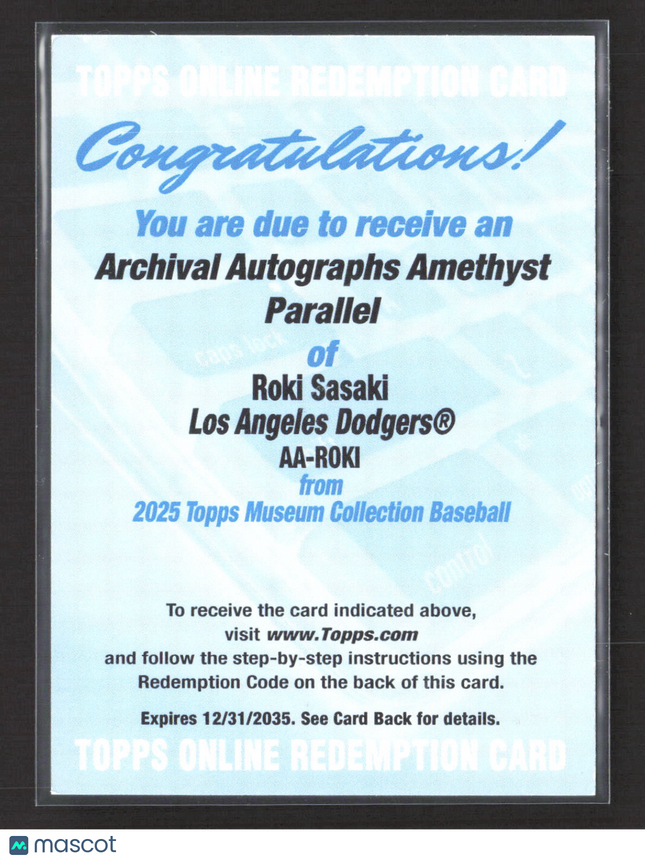 2025 Topps Museum Roki Sasaki #AA-ROKI Archival Auto Amethyst Redemption /25