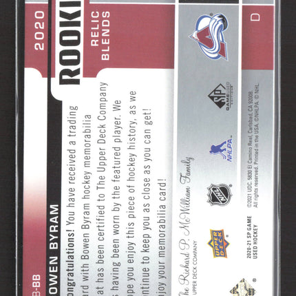 2021 Upper Deck SP Game Used Rookie Relic Blends Bowen Byram #RB-BB Jersey /150