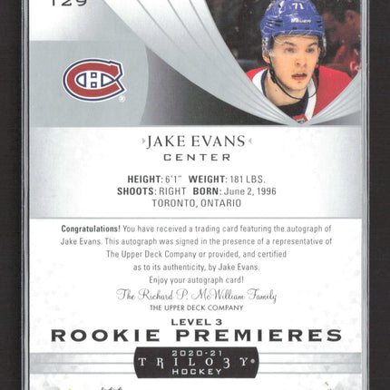 2020 Upper Deck Trilogy Rookie Premieres Jake Evans #129 Level 3 22/49 Auto