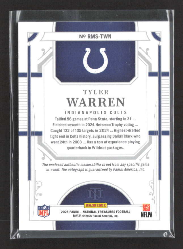 2026 Panini National Treasures Tyler Warren #RMS-TWN 01/25 Patch RC Auto